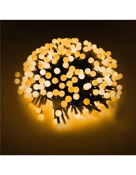 Guirnalda de luces LED tipo petardo 5 m, blanco cálido, 8 funciones, memoria y temporizador, pilas 3AA, IP44