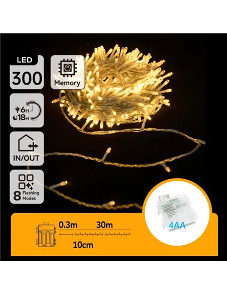 Guirnalda LED de 300 luces planas 30m, blanco cálido, 8 funciones, memoria y temporizador, pilas 4AA, IP44