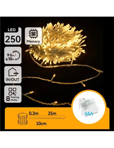 Guirlande lumineuse plate à 250 LED, 25 m, blanc chaud, 8 fonctions, mémoire et minuterie, 4 piles AA, IP44