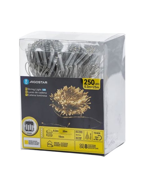 Guirnalda LED de 250 luces planas 25m, blanco cálido, 8 funciones, memoria y temporizador, pilas 4AA, IP44