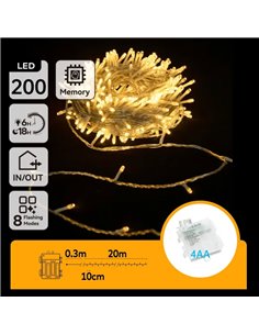 Guirnalda exterior de 200 luces LED planas 20m, blanco cálido, 8 funciones, memoria y temporizador, pilas 4AA, IP44