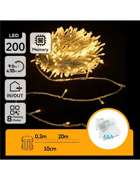 Guirnalda exterior de 200 luces LED planas 20m, blanco cálido, 8 funciones, memoria y temporizador, pilas 4AA, IP44