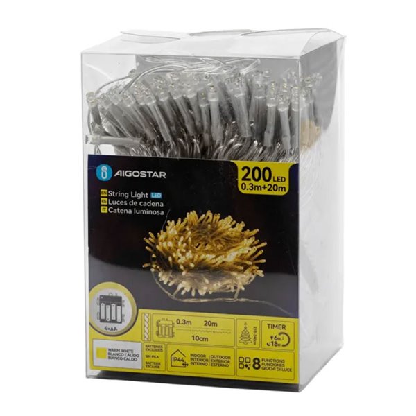 Guirlande lumineuse extérieure plate de 200 LED, 20 m, blanc chaud, 8 fonctions, mémoire et minuterie, 4 piles AA, IP44