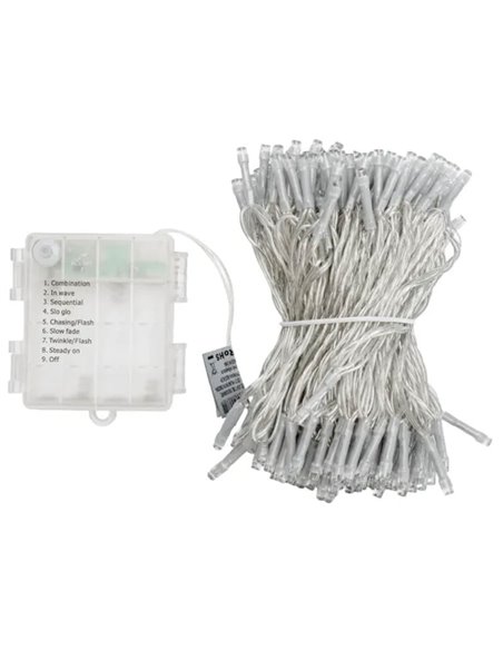 Guirlande lumineuse extérieure plate de 200 LED, 20 m, blanc chaud, 8 fonctions, mémoire et minuterie, 4 piles AA, IP44