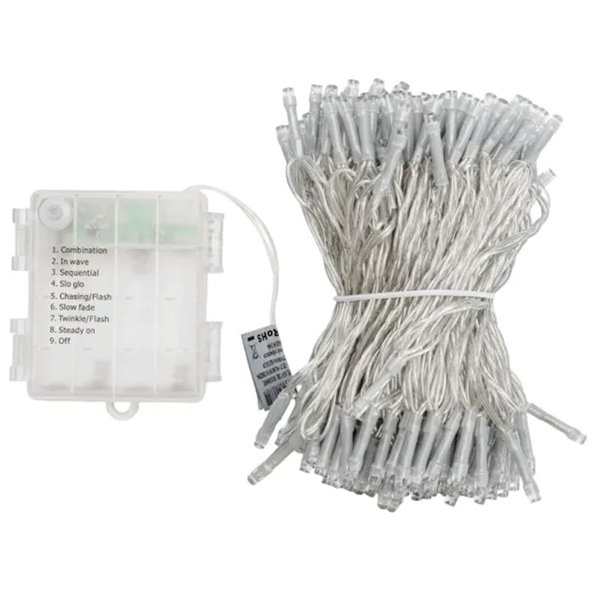 Guirnalda exterior de 200 luces LED planas 20m, blanco cálido, 8 funciones, memoria y temporizador, pilas 4AA, IP44