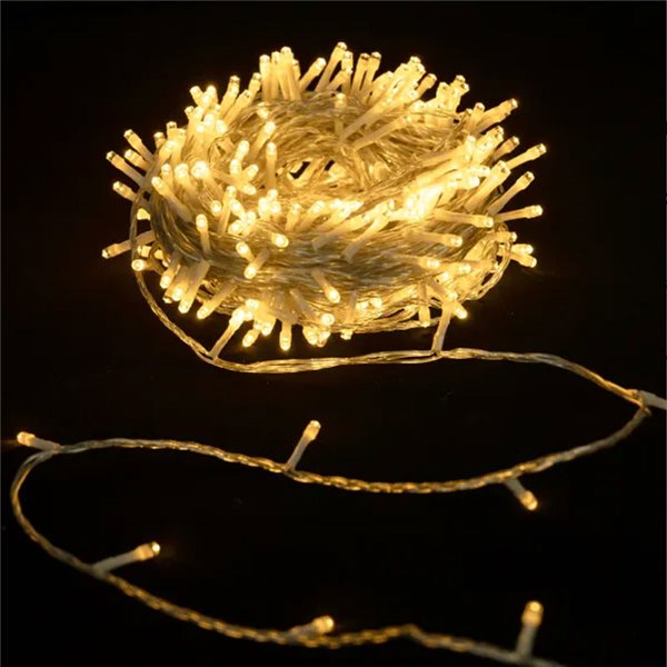 Guirlande lumineuse extérieure plate de 200 LED, 20 m, blanc chaud, 8 fonctions, mémoire et minuterie, 4 piles AA, IP44