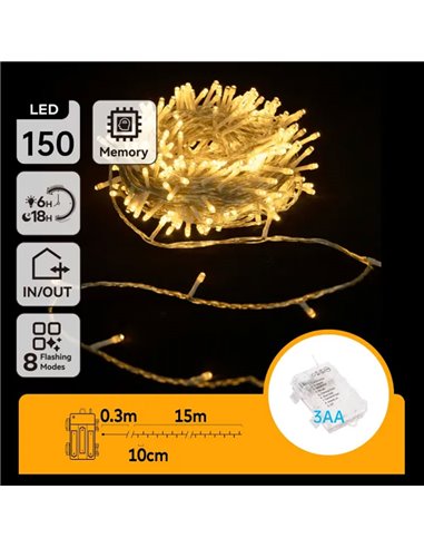 Guirnalda exterior de 150 luces LED planas 15m, blanco cálido, 8 funciones, memoria y temporizador, pilas 3AA, IP44