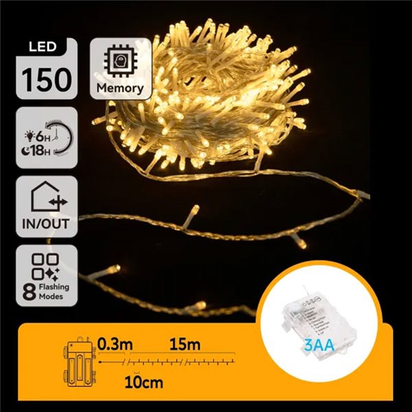Guirnalda exterior de 150 luces LED planas 15m, blanco cálido, 8 funciones, memoria y temporizador, pilas 3AA, IP44