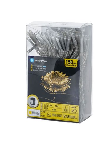 Guirnalda exterior de 150 luces LED planas 15m, blanco cálido, 8 funciones, memoria y temporizador, pilas 3AA, IP44