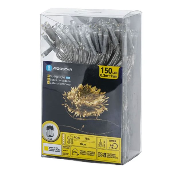 Guirnalda exterior de 150 luces LED planas 15m, blanco cálido, 8 funciones, memoria y temporizador, pilas 3AA, IP44