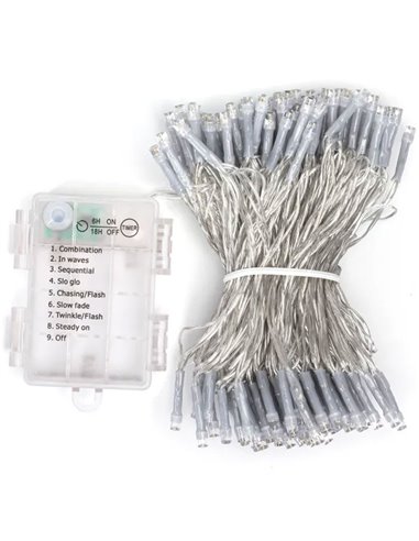 Guirlande lumineuse extérieure plate de 150 LED, 15 m, blanc chaud, 8 fonctions, mémoire et minuterie, 3 piles AA, IP44