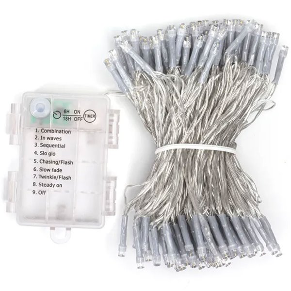 Guirnalda exterior de 150 luces LED planas 15m, blanco cálido, 8 funciones, memoria y temporizador, pilas 3AA, IP44