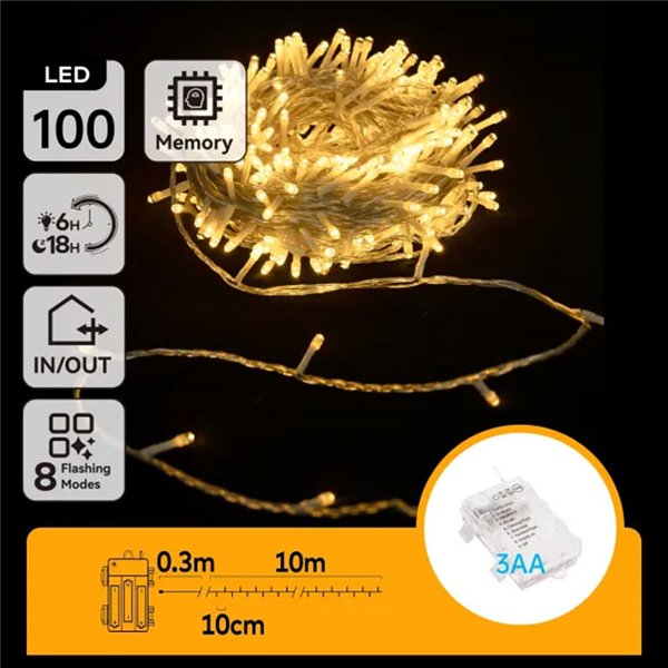Guirnalda exterior de 100 luces LED planas 10m, blanco cálido, 8 funciones, memoria y temporizador, pilas 3AA, IP44