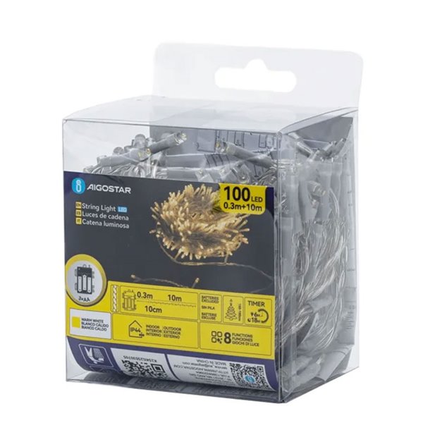 Guirnalda exterior de 100 luces LED planas 10m, blanco cálido, 8 funciones, memoria y temporizador, pilas 3AA, IP44