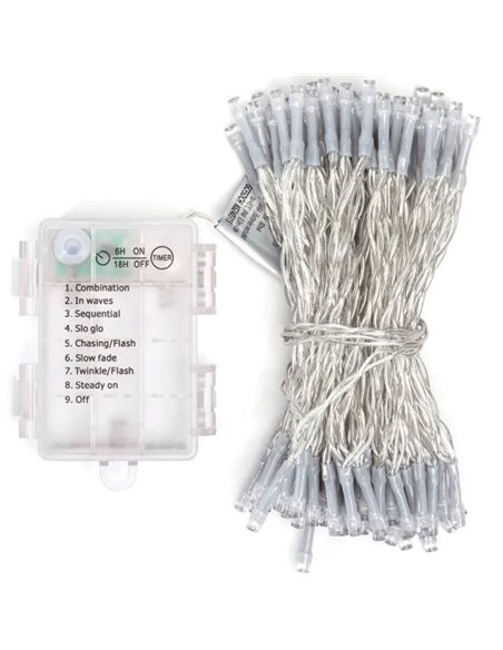 Guirnalda exterior de 100 luces LED planas 10m, blanco cálido, 8 funciones, memoria y temporizador, pilas 3AA, IP44