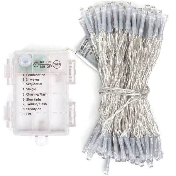 Guirlande lumineuse extérieure de 10 m avec 100 LED plates, blanc chaud, 8 fonctions, mémoire et minuterie, 3 piles AA, IP44