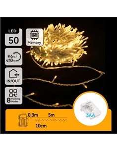 Cordão de luzes LED plano com 50 LEDs, 5m, branco quente, 8 funções, memória e temporizador, 3 pilhas AA, IP44