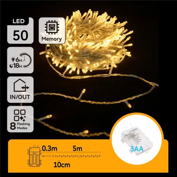 Guirnalda exterior de 50 luces LED planas 5m, blanco cálido, 8 funciones, memoria y temporizador, pilas 3AA, IP44