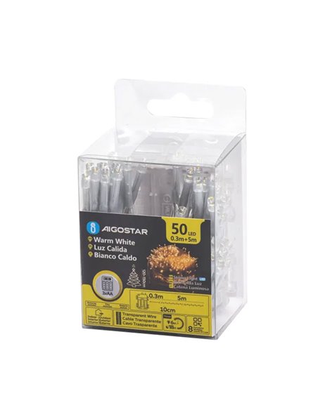 Guirnalda exterior de 50 luces LED planas 5m, blanco cálido, 8 funciones, memoria y temporizador, pilas 3AA, IP44