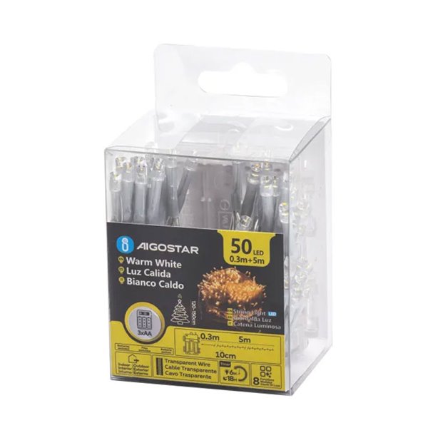 Guirnalda exterior de 50 luces LED planas 5m, blanco cálido, 8 funciones, memoria y temporizador, pilas 3AA, IP44