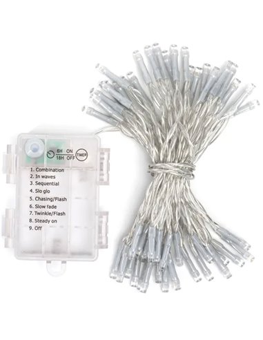 Cordão de luzes LED plano com 50 LEDs, 5m, branco quente, 8 funções, memória e temporizador, 3 pilhas AA, IP44
