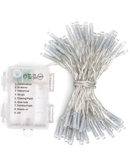 Guirnalda exterior de 50 luces LED planas 5m, blanco cálido, 8 funciones, memoria y temporizador, pilas 3AA, IP44