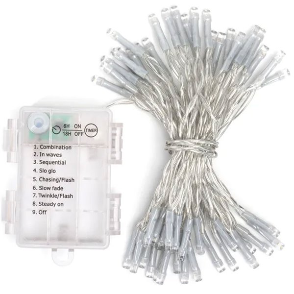 Cordão de luzes LED plano com 50 LEDs, 5m, branco quente, 8 funções, memória e temporizador, 3 pilhas AA, IP44