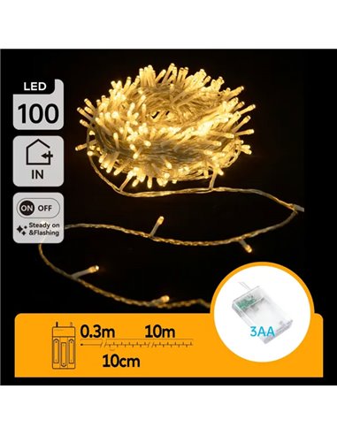 Guirlande lumineuse d'intérieur avec 100 LED plates, 10 m, blanc chaud, marche/arrêt/clignotant, 3 piles AA, IP20