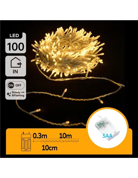 Guirlande lumineuse d'intérieur avec 100 LED plates, 10 m, blanc chaud, marche/arrêt/clignotant, 3 piles AA, IP20