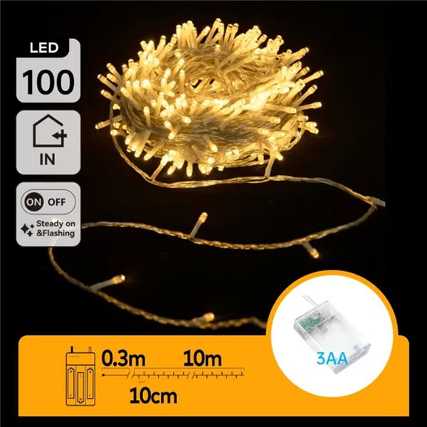 Cordão de luzes para interiores com 100 LEDs planos, 10m, branco quente, liga/desliga/pisca, 3 pilhas AA, IP20