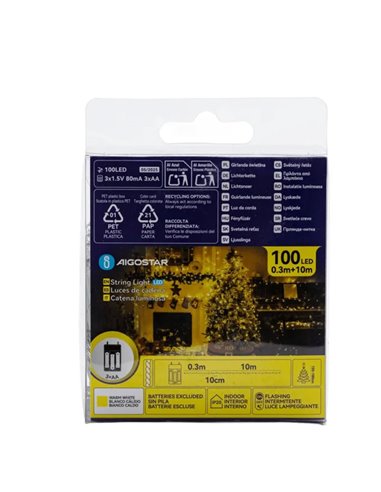 Cordão de luzes para interiores com 100 LEDs planos, 10m, branco quente, liga/desliga/pisca, 3 pilhas AA, IP20