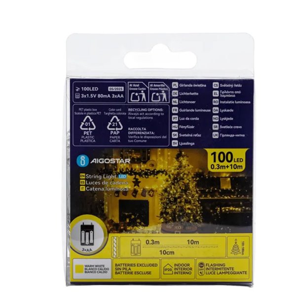 Cordão de luzes para interiores com 100 LEDs planos, 10m, branco quente, liga/desliga/pisca, 3 pilhas AA, IP20