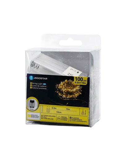 Cordão de luzes para interiores com 100 LEDs planos, 10m, branco quente, liga/desliga/pisca, 3 pilhas AA, IP20