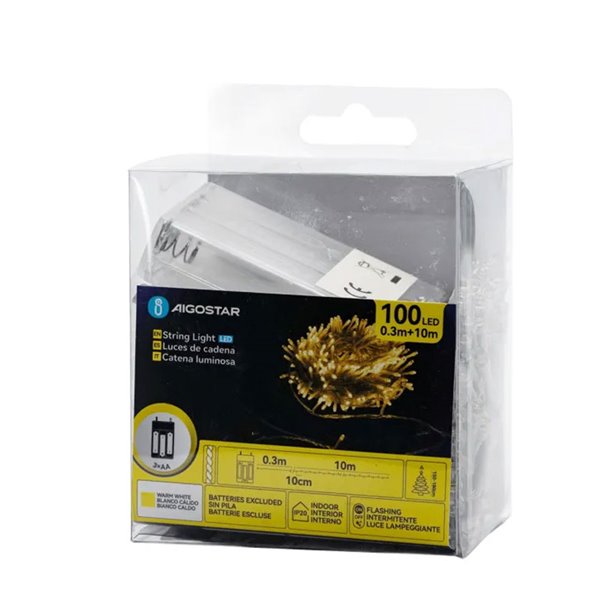 Cordão de luzes para interiores com 100 LEDs planos, 10m, branco quente, liga/desliga/pisca, 3 pilhas AA, IP20