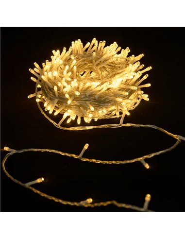 Cordão de luzes para interiores com 100 LEDs planos, 10m, branco quente, liga/desliga/pisca, 3 pilhas AA, IP20