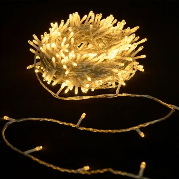 Guirlande lumineuse d'intérieur avec 100 LED plates, 10 m, blanc chaud, marche/arrêt/clignotant, 3 piles AA, IP20