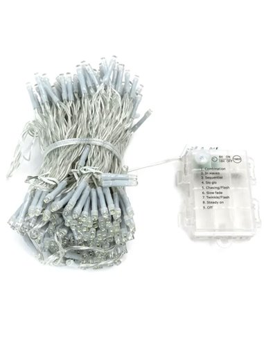 Cordão de luzes para interiores com 100 LEDs planos, 10m, branco quente, liga/desliga/pisca, 3 pilhas AA, IP20