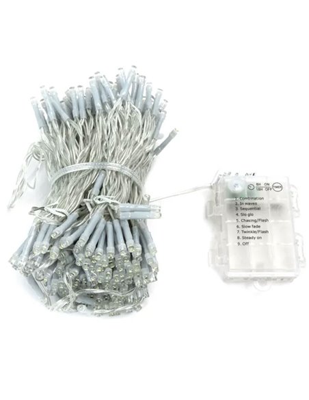 Cordão de luzes para interiores com 100 LEDs planos, 10m, branco quente, liga/desliga/pisca, 3 pilhas AA, IP20