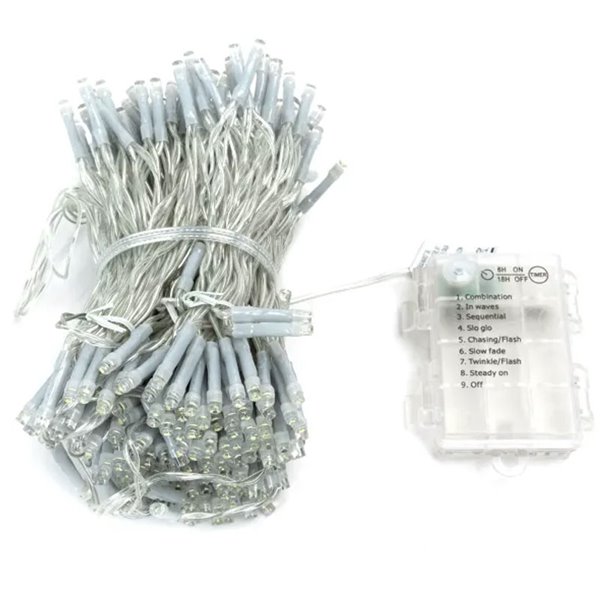 Guirlande lumineuse d'intérieur avec 100 LED plates, 10 m, blanc chaud, marche/arrêt/clignotant, 3 piles AA, IP20