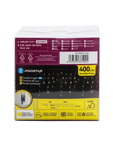 Cortina para exterior 400 LEDS carámbanos con 100 tiras, 20mx0,6m, blanco cálido, 8 funciones, memoria y temporizador, IP44