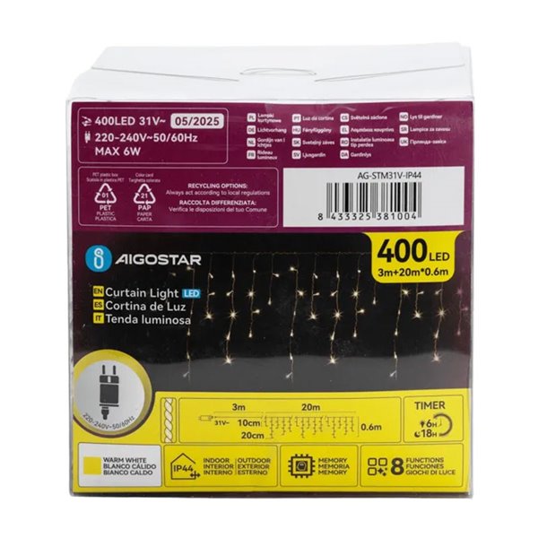 Cortina para exterior 400 LEDS carámbanos con 100 tiras, 20mx0,6m, blanco cálido, 8 funciones, memoria y temporizador, IP44