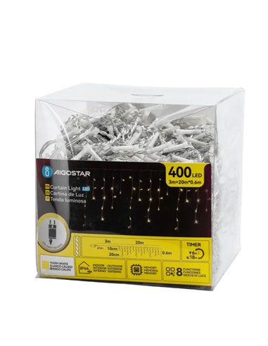 Cortina para exterior 400 LEDS carámbanos con 100 tiras, 20mx0,6m, blanco cálido, 8 funciones, memoria y temporizador, IP44