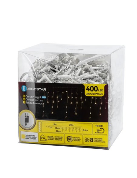 Cortina para exterior 400 LEDS carámbanos con 100 tiras, 20mx0,6m, blanco cálido, 8 funciones, memoria y temporizador, IP44