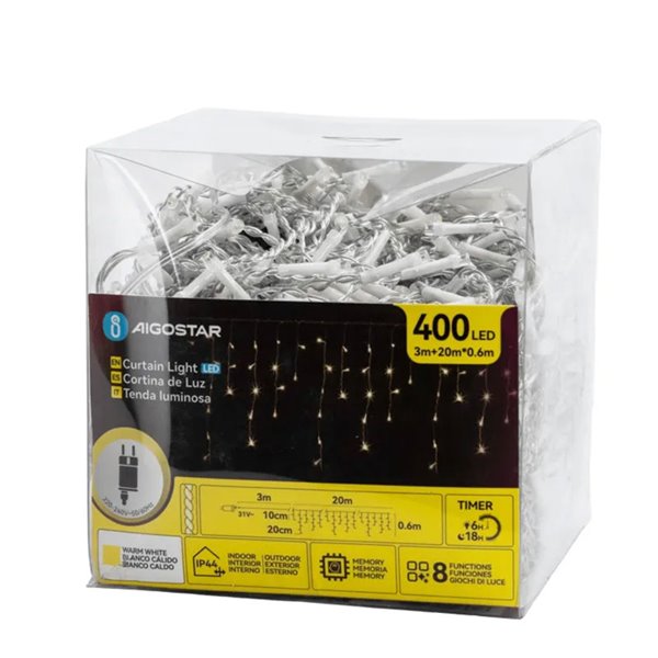 Cortina para exterior 400 LEDS carámbanos con 100 tiras, 20mx0,6m, blanco cálido, 8 funciones, memoria y temporizador, IP44
