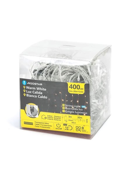 Cortina para exterior 400 LEDS carámbanos con 100 tiras, 20mx0,6m, blanco cálido, 8 funciones, memoria y temporizador, IP44