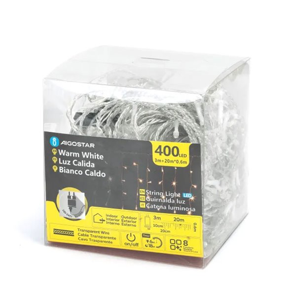 Cortina para exterior 400 LEDS carámbanos con 100 tiras, 20mx0,6m, blanco cálido, 8 funciones, memoria y temporizador, IP44