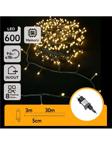 Guirnalda exterior 600 LEDS planos 30m, blanco cálido, 8 funciones, memoria y temporizador, baja tensión, IP44