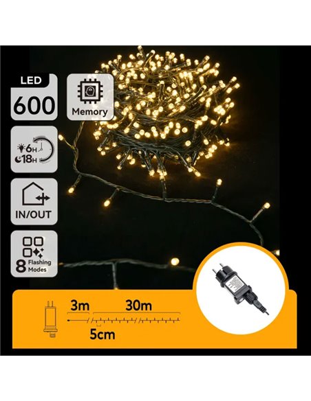 Guirlande lumineuse extérieure plate à 600 LED, 30 m, blanc chaud, 8 fonctions, mémoire et minuterie, basse tension, IP44