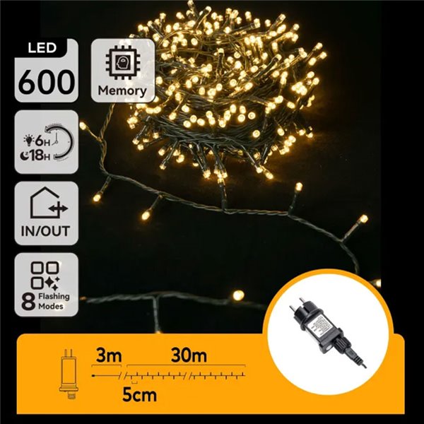 Guirnalda exterior 600 LEDS planos 30m, blanco cálido, 8 funciones, memoria y temporizador, baja tensión, IP44
