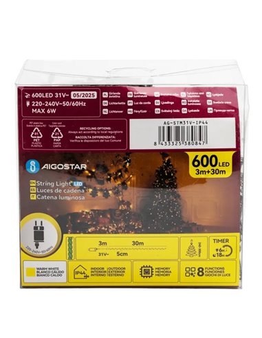 Guirlande lumineuse extérieure plate à 600 LED, 30 m, blanc chaud, 8 fonctions, mémoire et minuterie, basse tension, IP44
